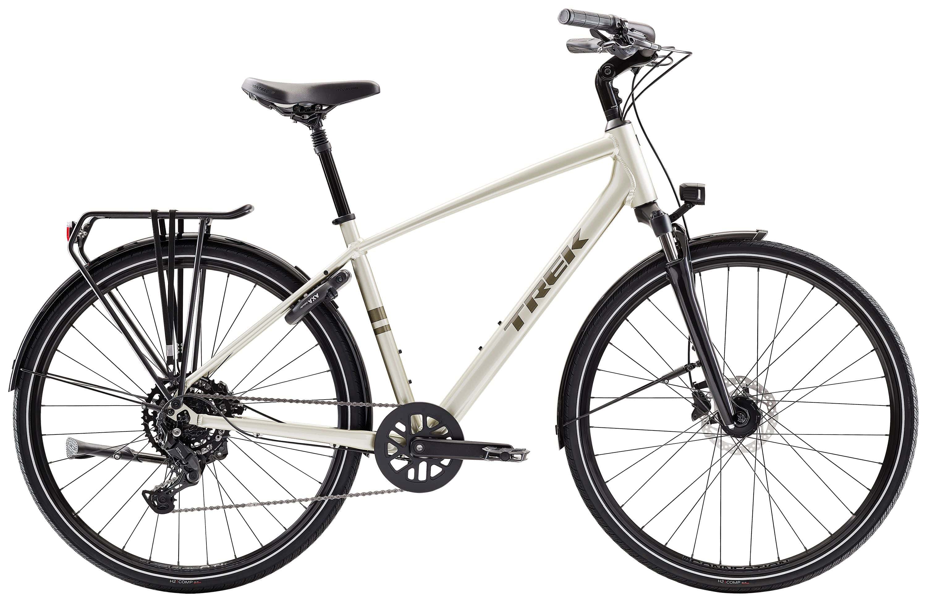 Trek Verve Equipped hybrid bike with Shimano CUES drivetrain and LINKGLIDE technology, featuring a step-over frame and 26-inch wheels.