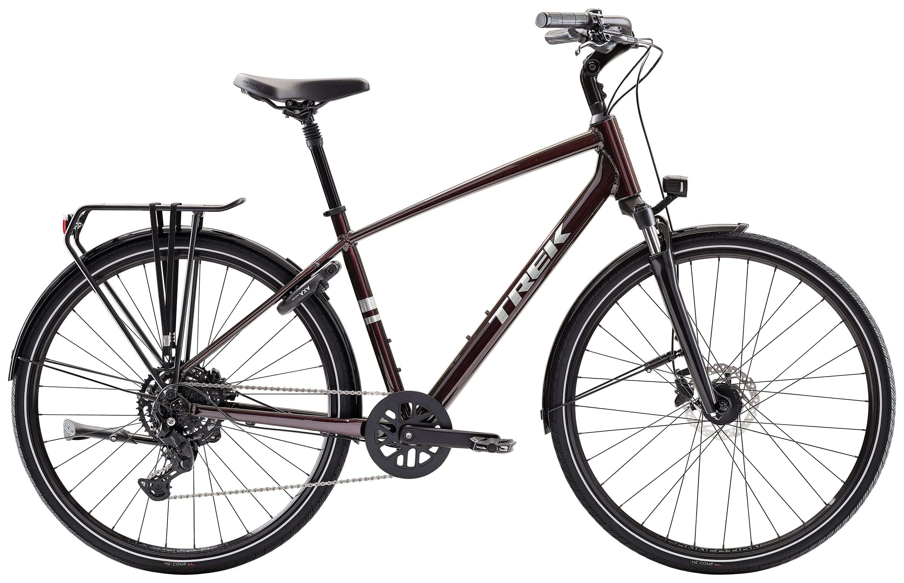 Trek Verve Equipped hybrid bike with Shimano CUES drivetrain and LINKGLIDE technology, featuring a step-over frame and 26-inch wheels.