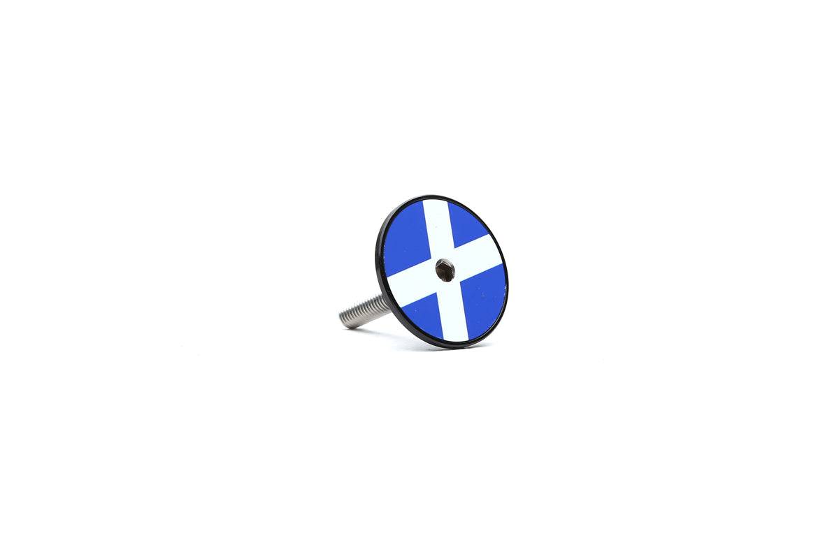 Global Cycling Club Scottish Flag bike aheadcap, cycling accessory with Scottish flag design, fits on bike handlebars.