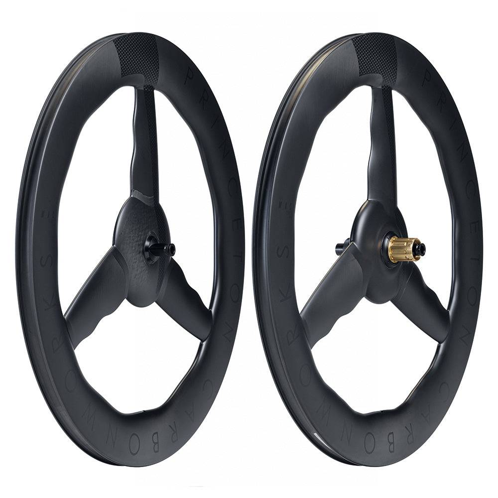 Princeton CarbonWorks Mach 7580 TSV2 aerodynamic time trial and triathlon wheelset with deep carbon rims and lightweight design.