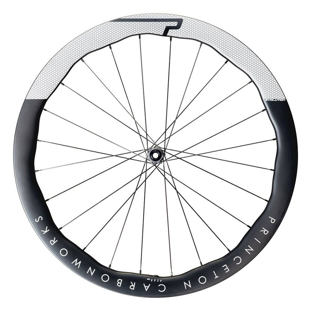 Princeton CarbonWorks Peak 4550 Evo road wheelset with Tactic hubs and white graphics, lightweight carbon cycling components.