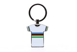 Global Cycling Club World Champs keyring made of durable aluminum, featuring a sleek white design and cycling-themed details.
