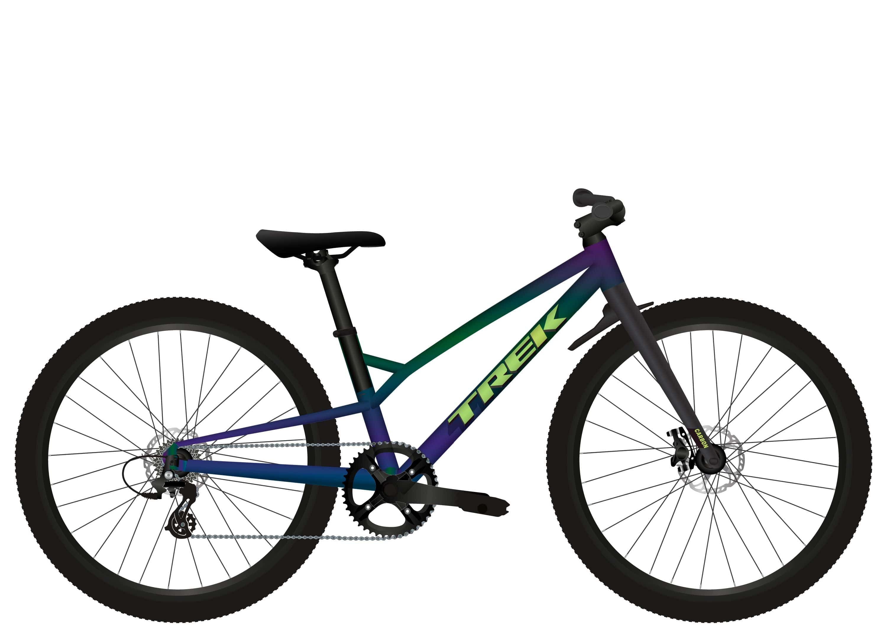 Trek Wahoo 20 Trail Mountain Bike with carbon fork and front mudguard, showing the bike frame and tires on a trail.