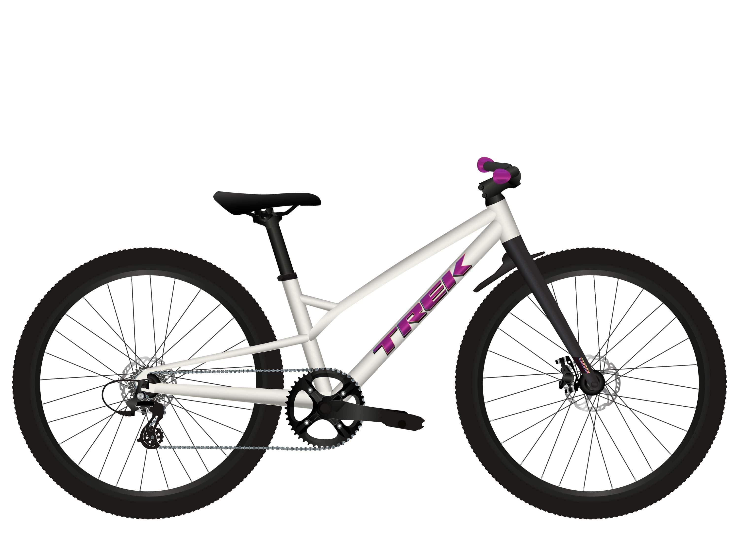 Trek Wahoo 20 Trail mountain bike with carbon fork and front mudguard, showing the bike’s frame, tires, and suspension components.