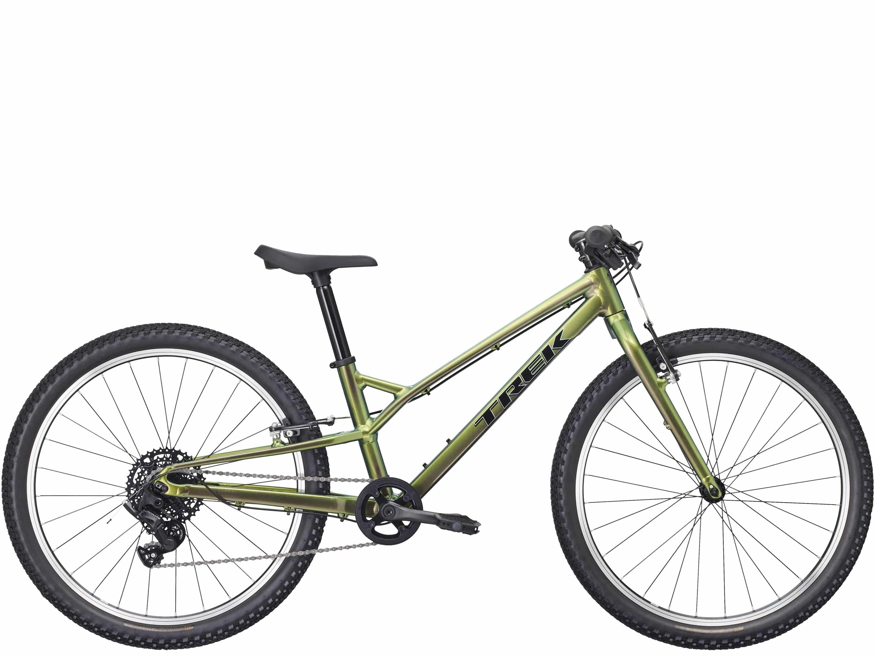 Trek Wahoo 24 Path kids' mountain bike with sturdy frame and kid-friendly trigger shifters for trail riding, shown from the front.