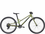 Trek Wahoo 24 Path kids' mountain bike with sturdy frame and kid-friendly trigger shifters for trail riding, shown from the front.