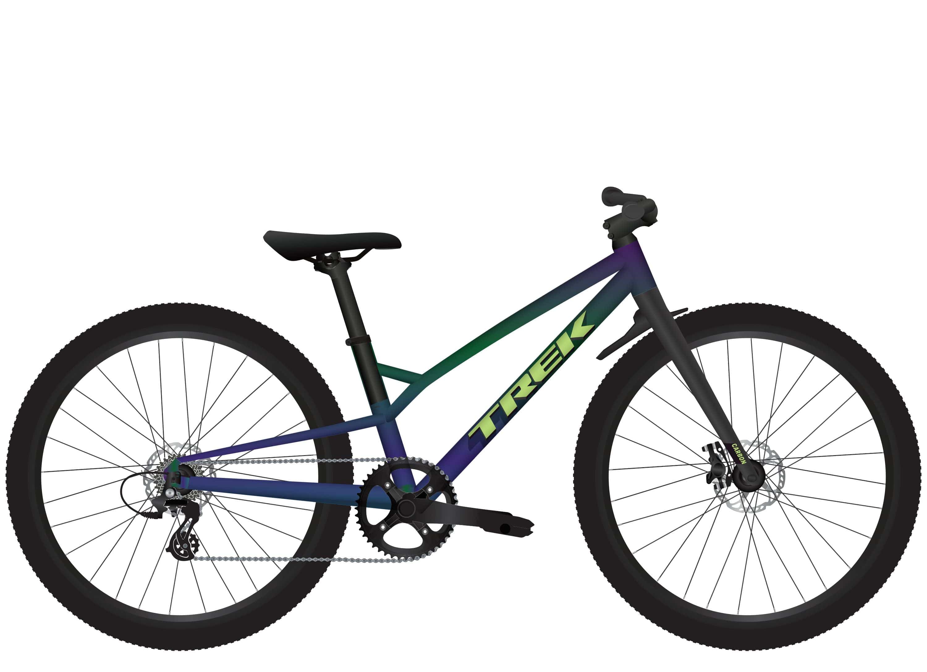 Trek Wahoo 24 Trail Mountain Bike with carbon fork, black frame, knobby tires, and suspension fork for smooth trail riding.