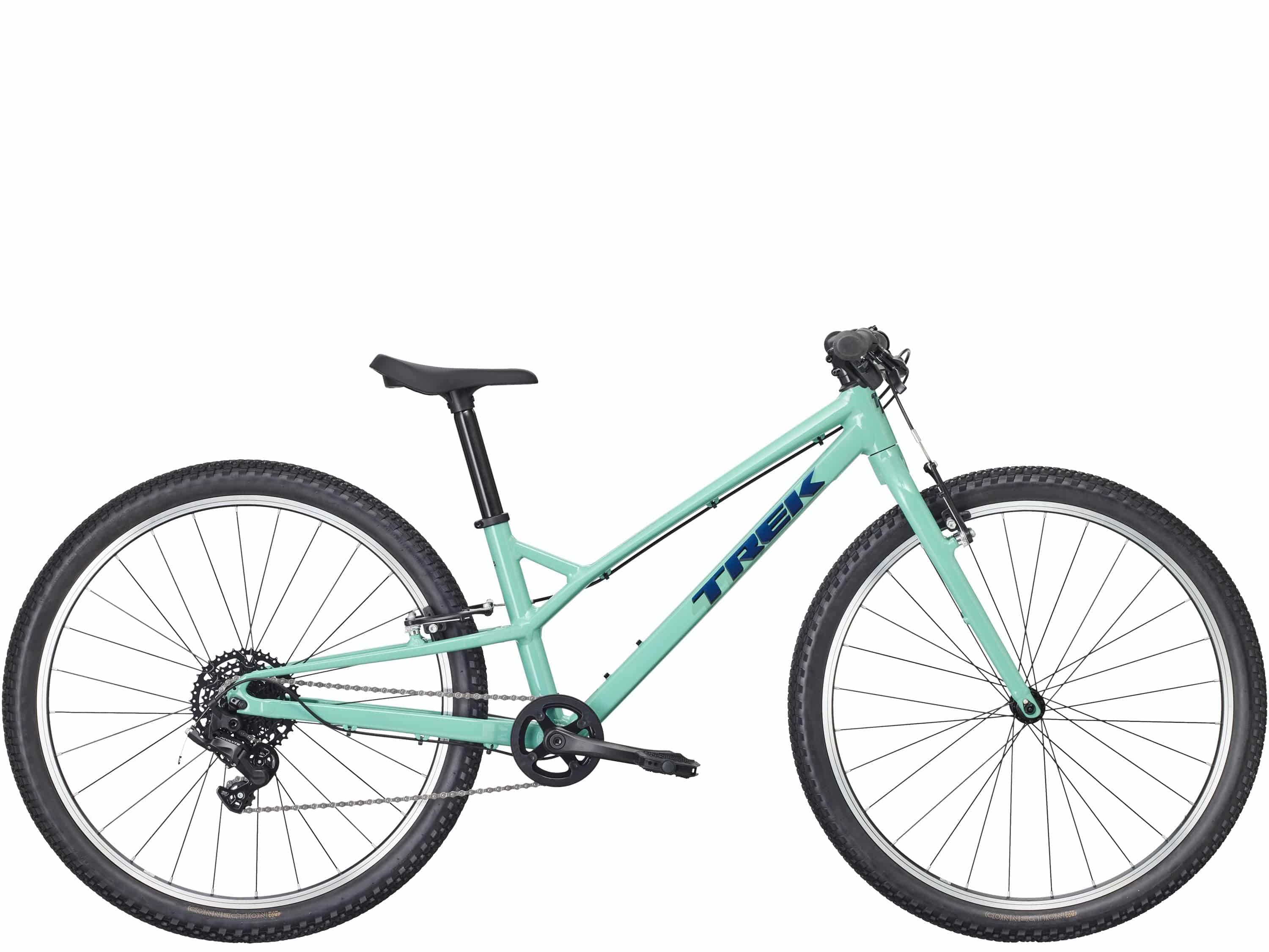 Trek Wahoo 26-inch mountain bike with kid-friendly trigger shifters, suitable for beginner riders, black frame, and rugged tires.