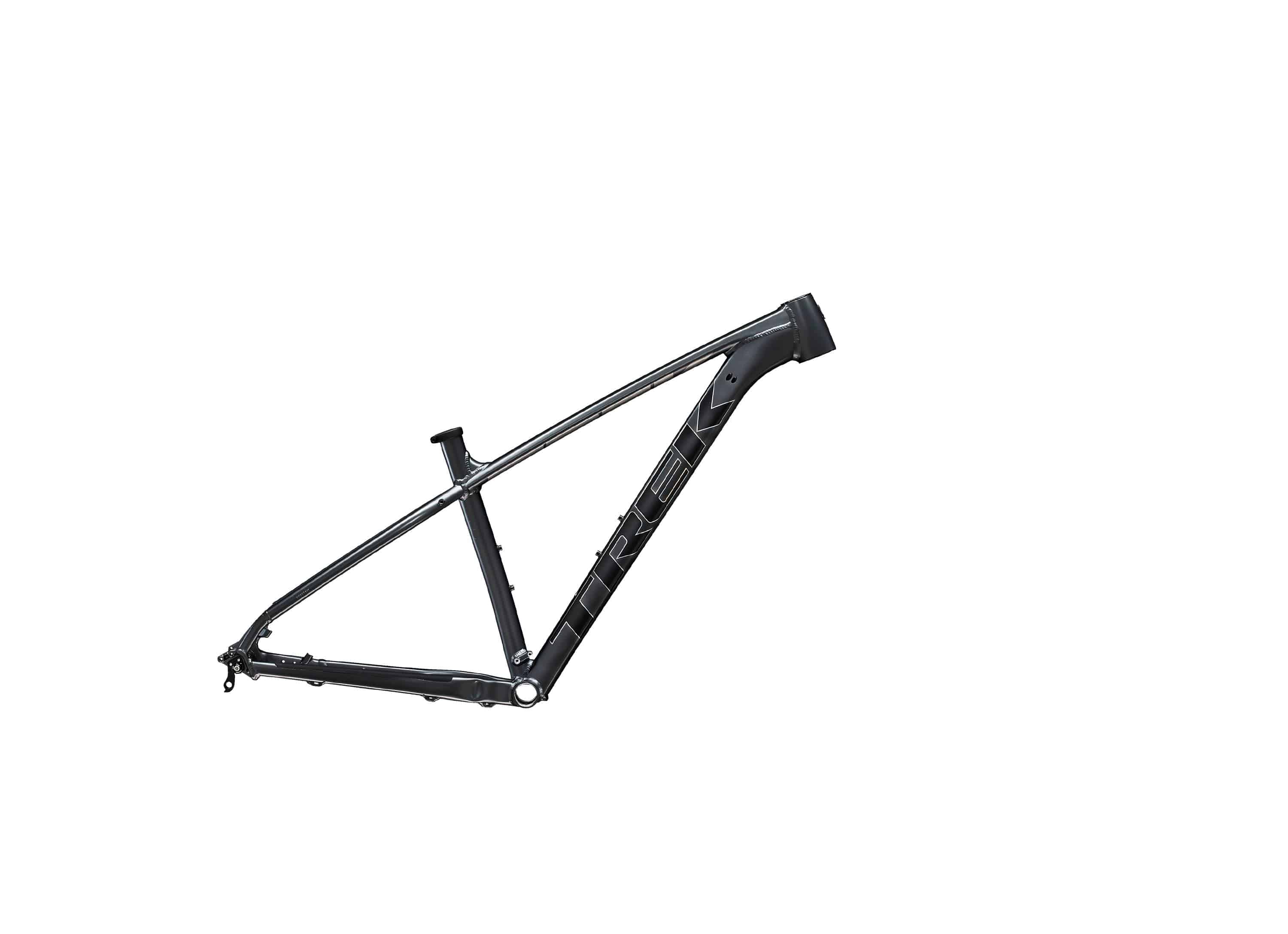 Trek X-Caliber MTB frameset with internal cable routing and rear rack mounts, black and silver, ready for bike assembly