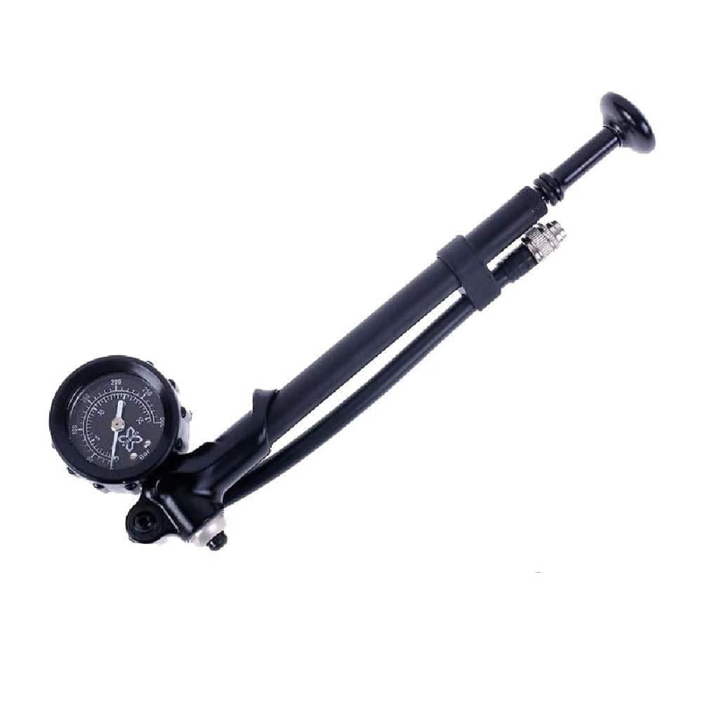 X-Fusion Air Shock Pump for precise suspension inflation, compact and durable bike accessory with pressure gauge.