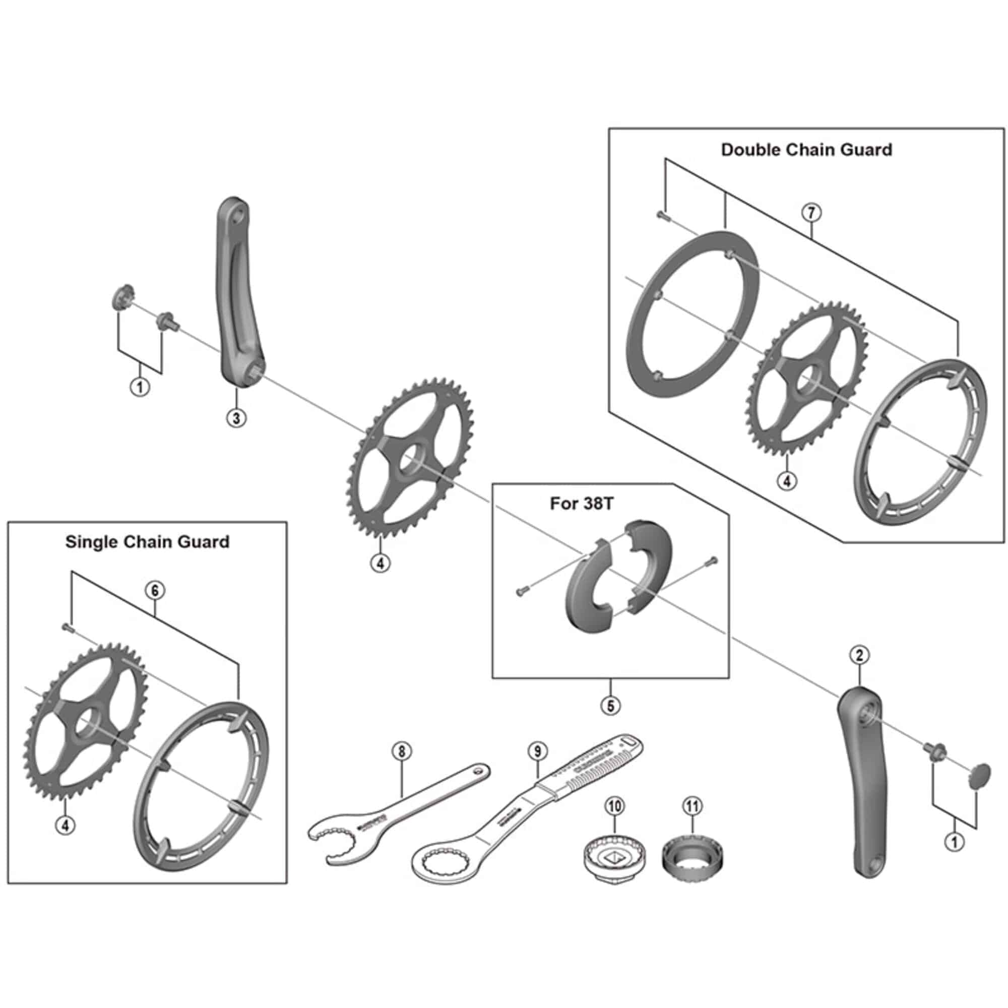 Shimano FC-E5000 crank arm, 170mm length, genuine replacement component for smooth pedaling, shown in exploded view.