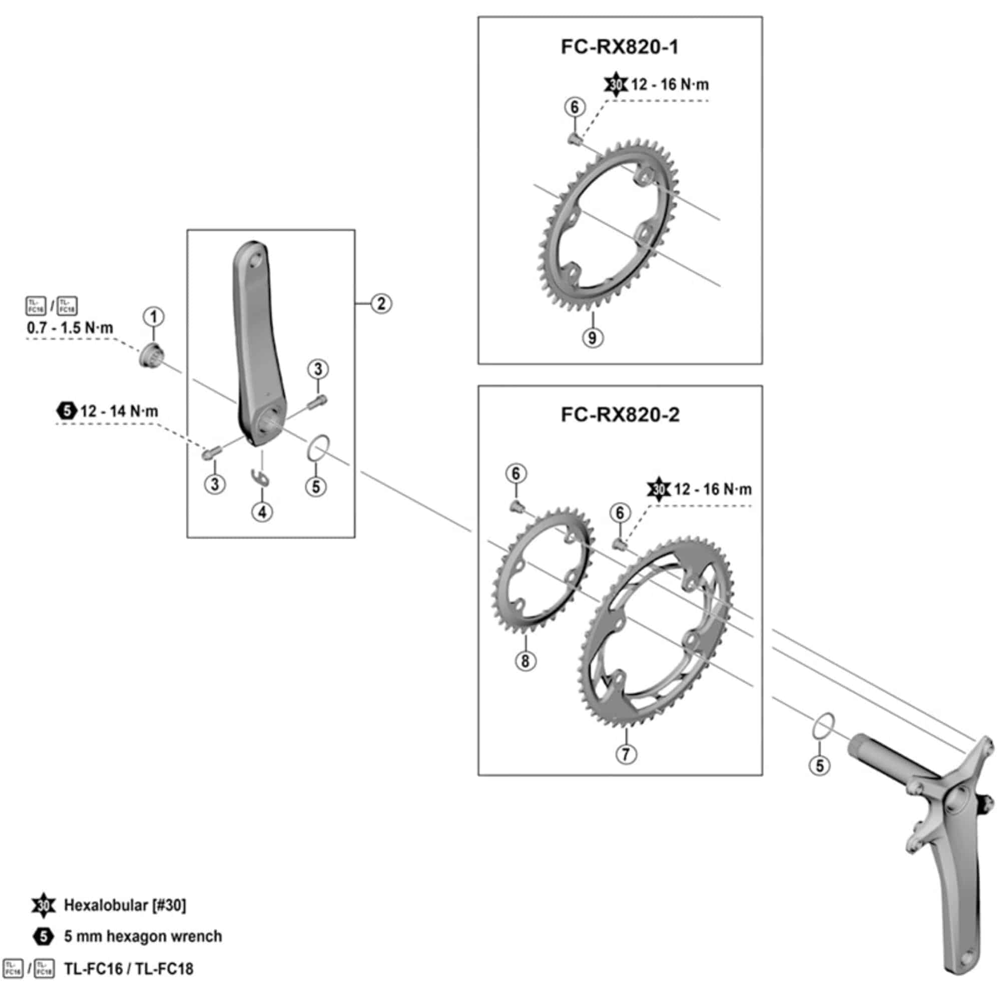 Shimano GRX FC-RX820-2 12-speed double chainring 48T for gravel bike, exploded view showing gear teeth and mounting details.