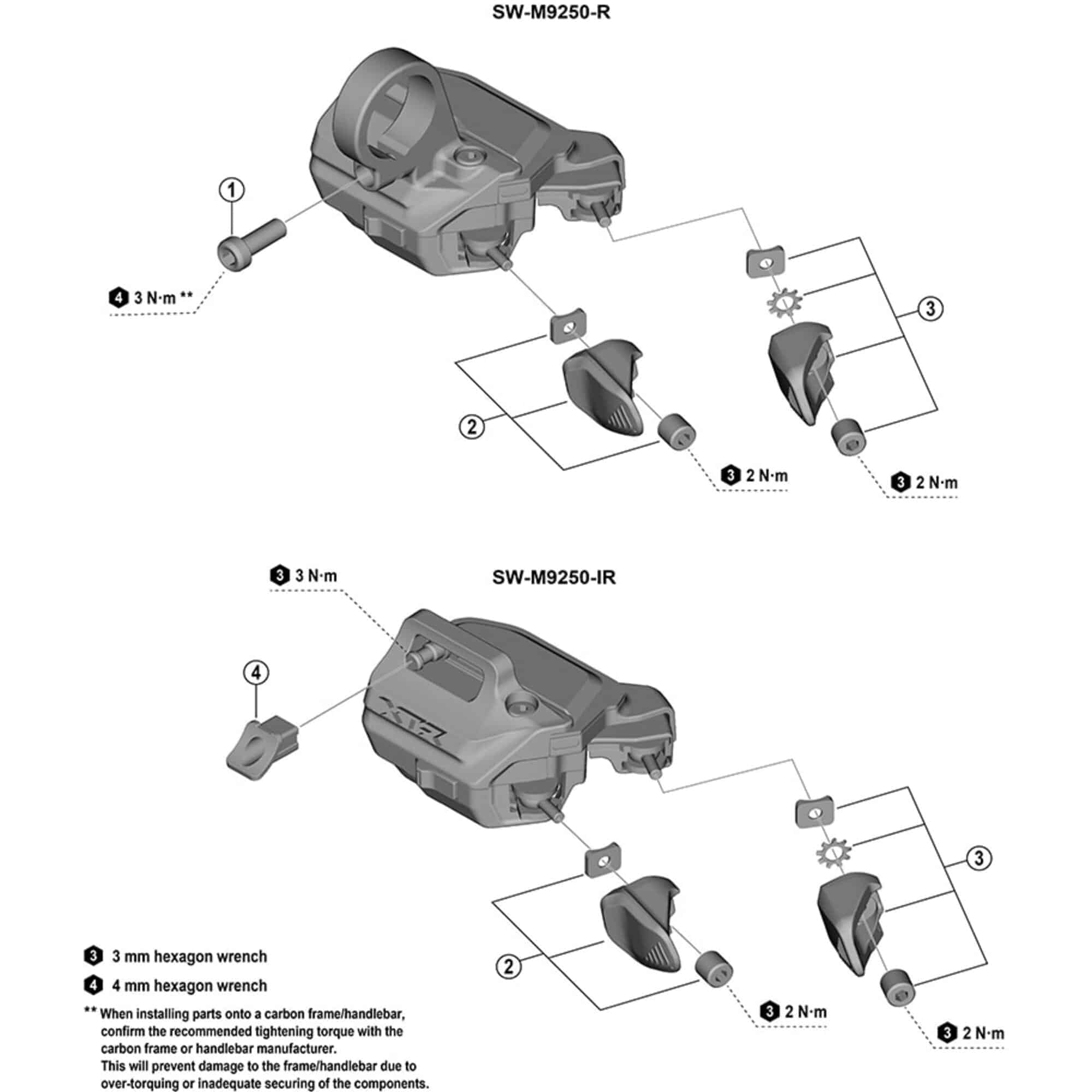 Shimano Spares SW-M9250-R/IR Di2 lever unit Y replacement for precise shifting, shown in exploded view.