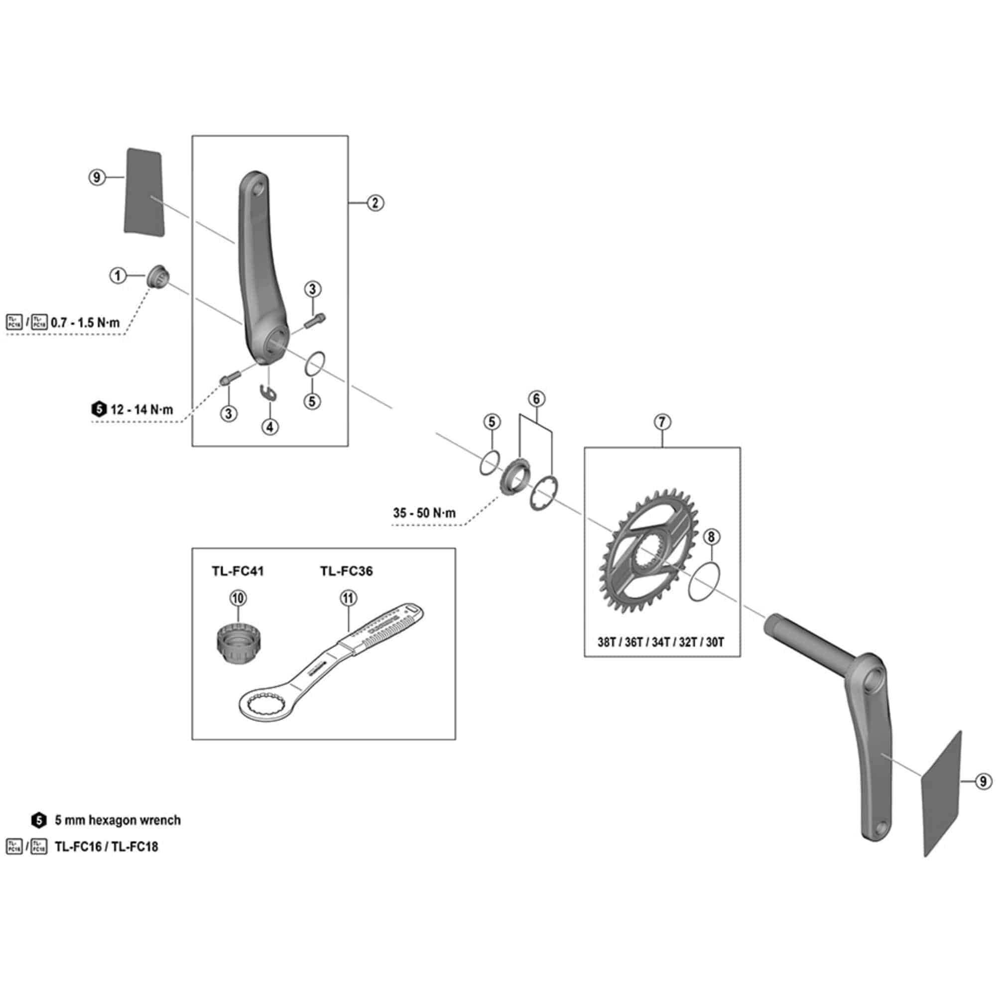 Shimano Spares FC-M9200 left hand crank arm for road bike, exploded view showing components and protection sticker.
