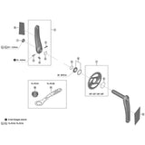 Shimano FC-M9220 left hand crank arm replacement with protection sticker for road bike components, shown in exploded view.