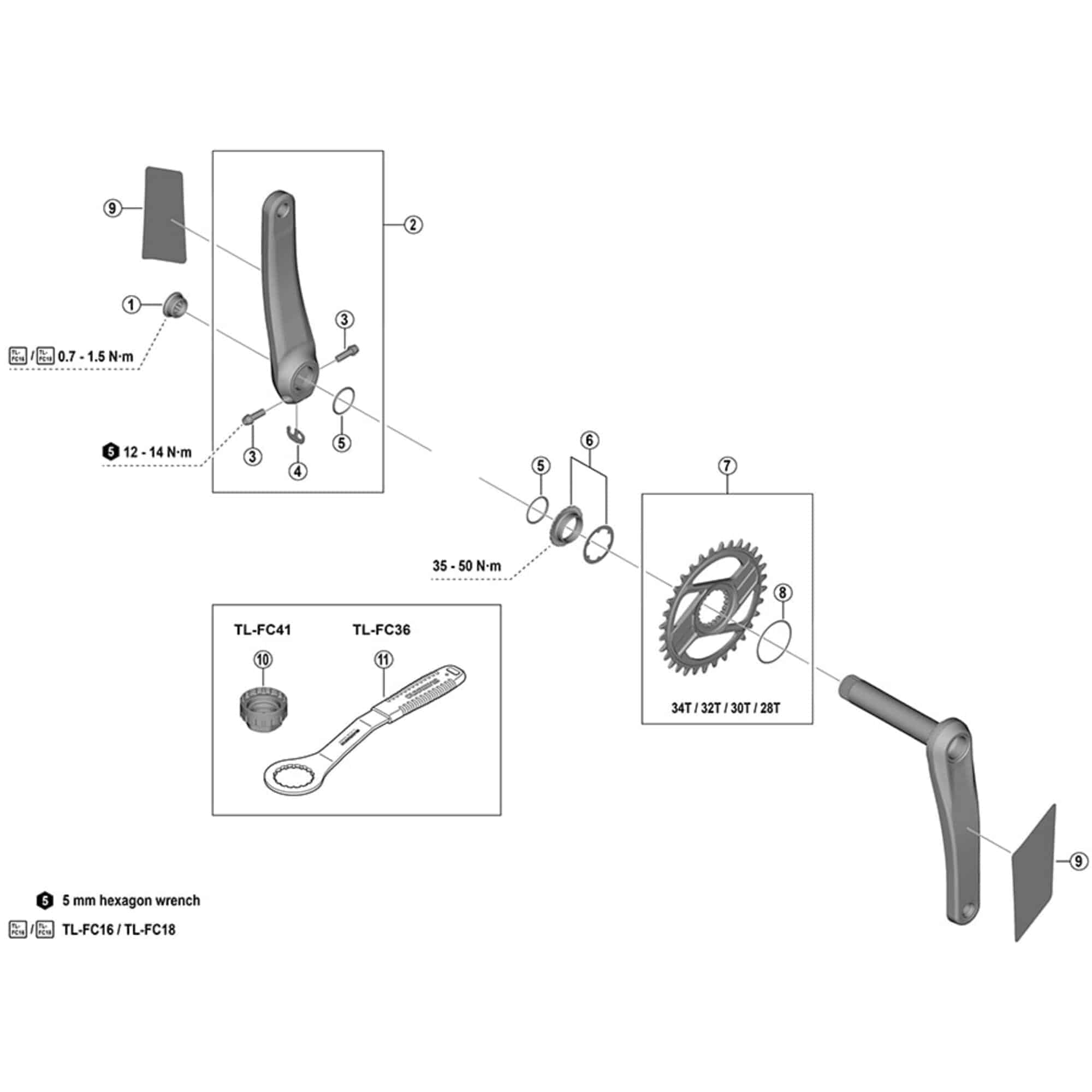 Shimano FC-M9220 left hand crank arm replacement for road bikes with protection sticker, component image showing exploded view.