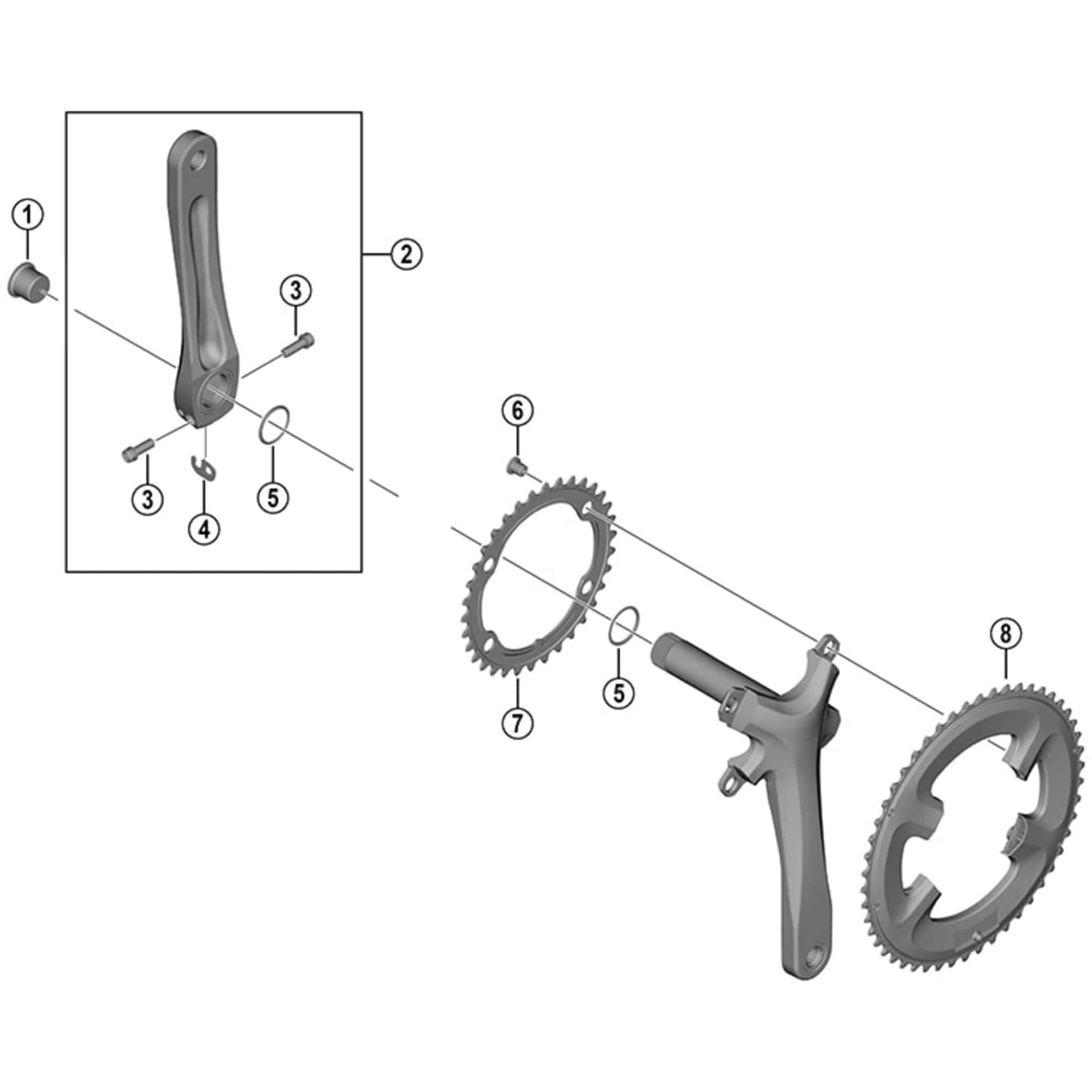 Shimano FC-RS510 left hand crank arm, 172.5mm length, replacement component with exploded view showing internal structure.