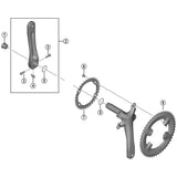 Shimano FC-RS510 left hand crank arm, 172.5mm length, replacement component with exploded view showing internal structure.