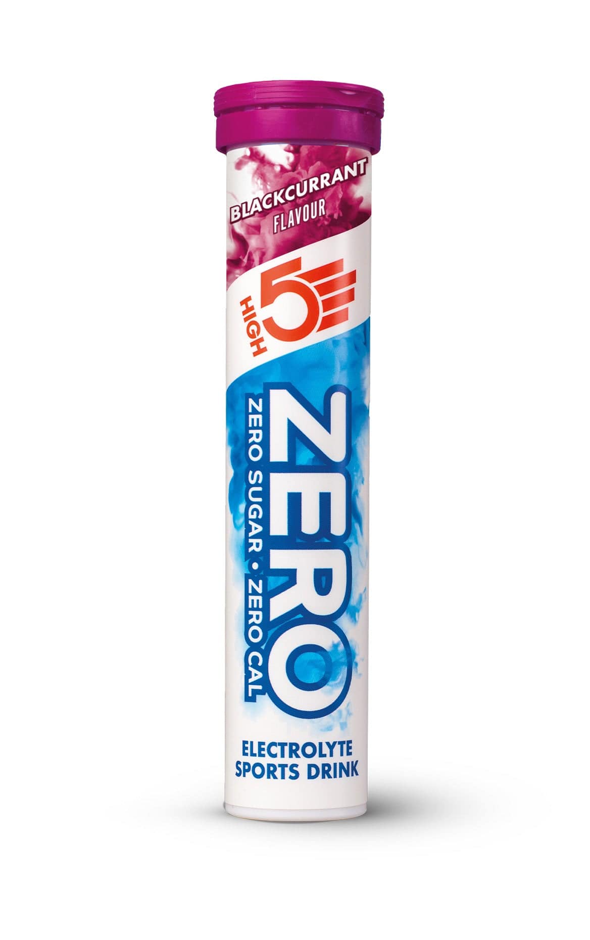 High5 ZERO Blackcurrant electrolyte tablets in a blackcurrant-flavored container, sugar-free hydration supplement, front view.