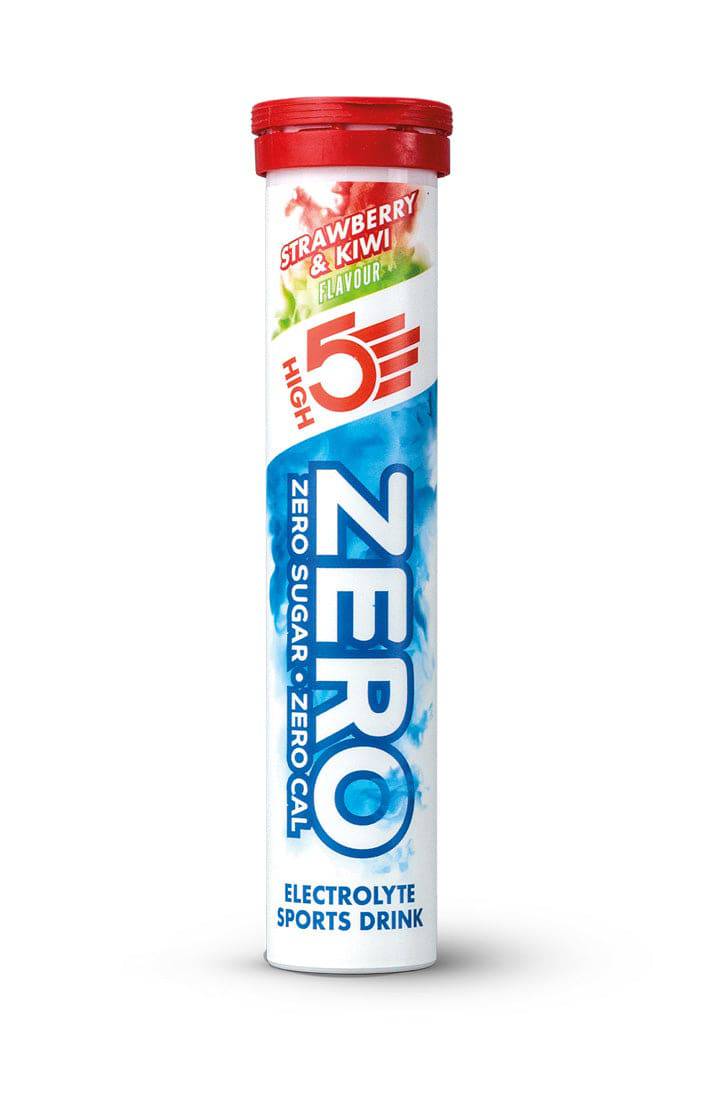 High5 ZERO Strawberry Kiwi electrolyte tablets in a 80g tub, sugar-free hydration supplement with vitamin C for active lifestyles.