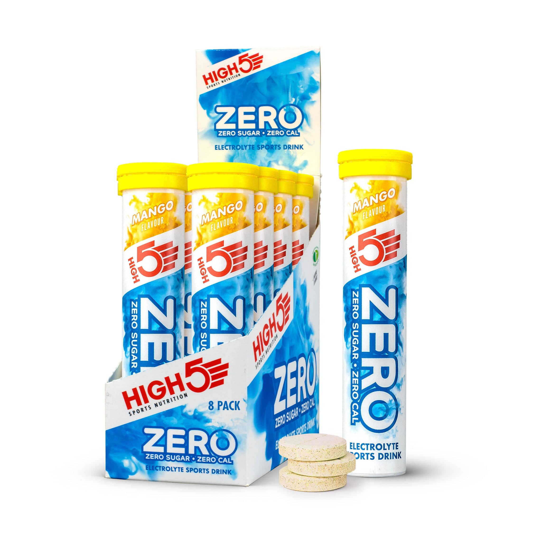 High5 ZERO Mango electrolyte tablets in a tub, sugar-free hydration supplement with vitamin C, 20 tabs per tube.