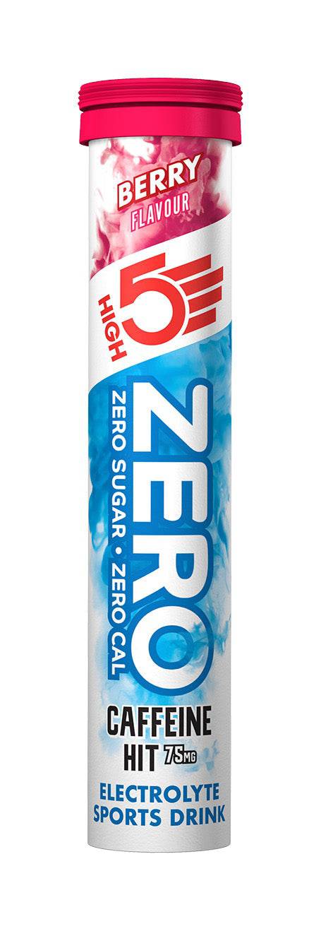 High5 ZERO Caffeine Hit hydration tablets in berry flavor, sugar-free electrolyte drink accessories, 80g packaging.
