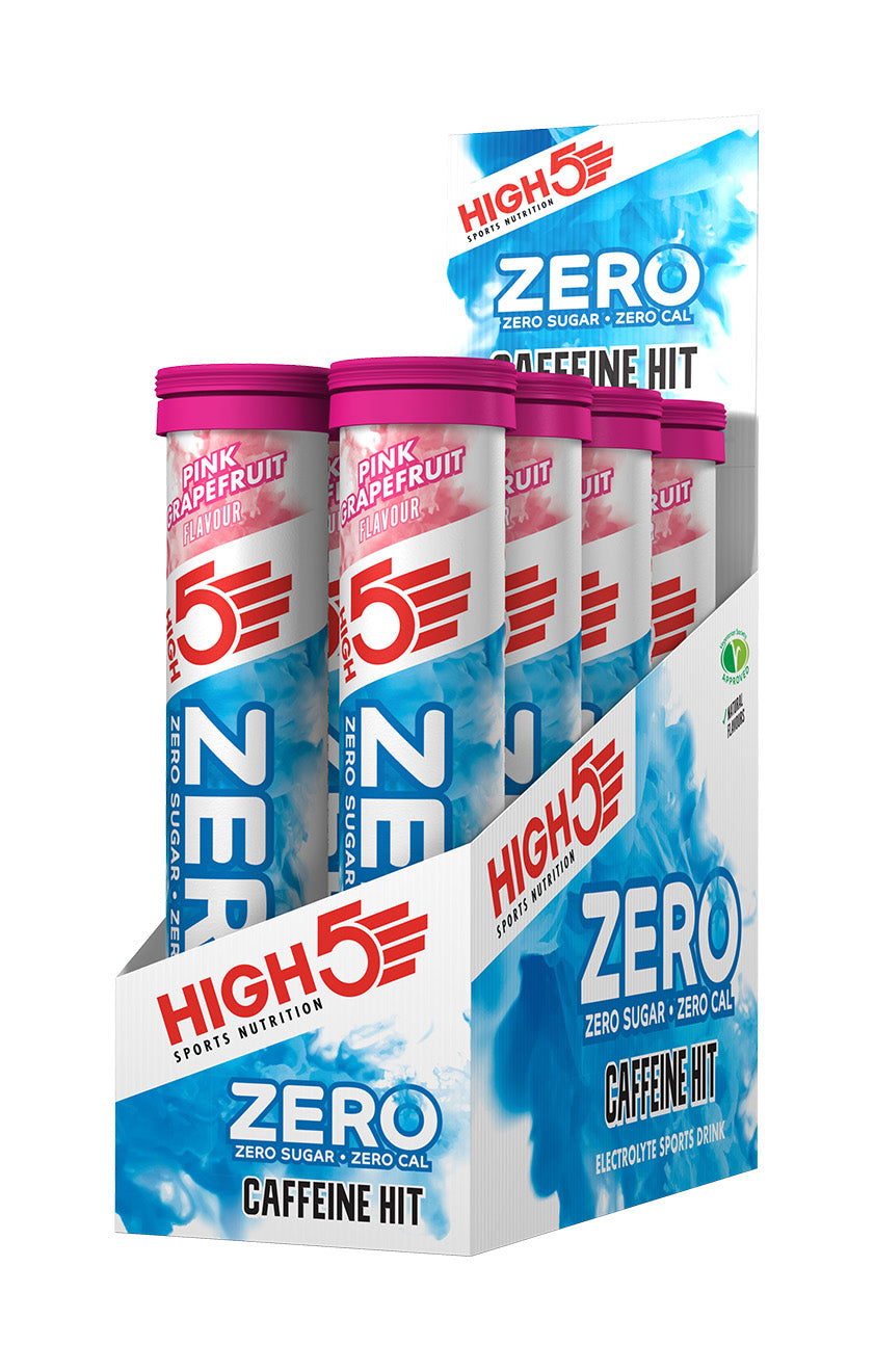 High5 Zero Caffeine Hit hydration tablets in pink grapefruit flavor, sugar-free electrolyte drink accessories with 160 tabs.