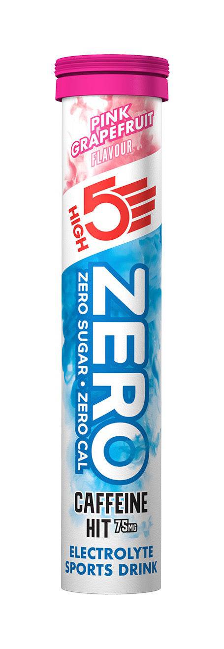 High5 ZERO Caffeine Hit hydration tablets in pink grapefruit flavor, sugar-free electrolyte supplement, 80g front view.