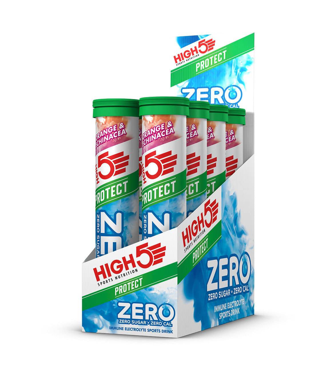 High5 ZERO Protect electrolyte tablets in orange-echinacea flavor, sugar-free hydration and immune support accessories.