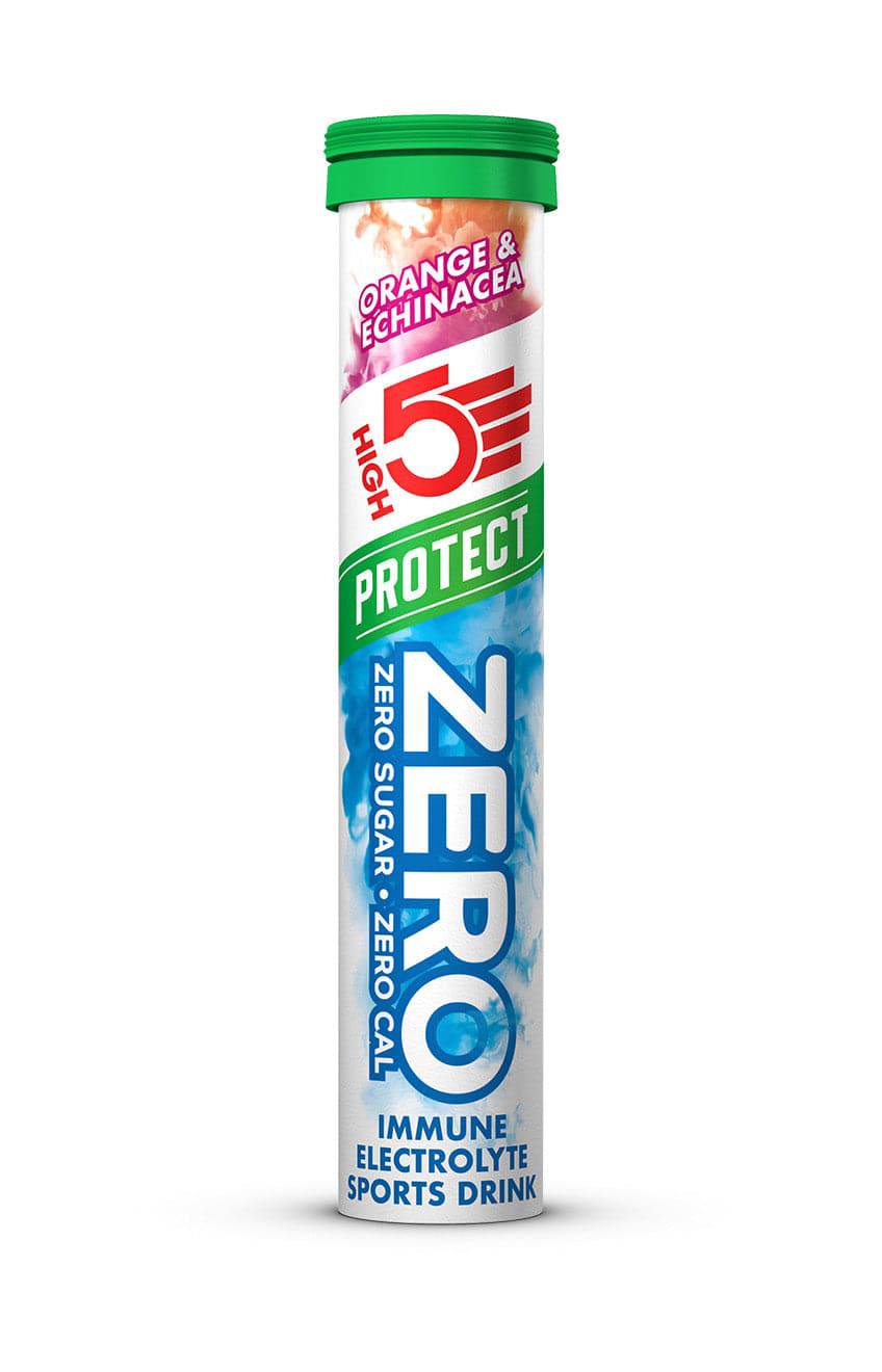High5 ZERO Protect electrolyte tablets in orange-echinacea flavor, sugar-free immune support supplement, 80g pack.
