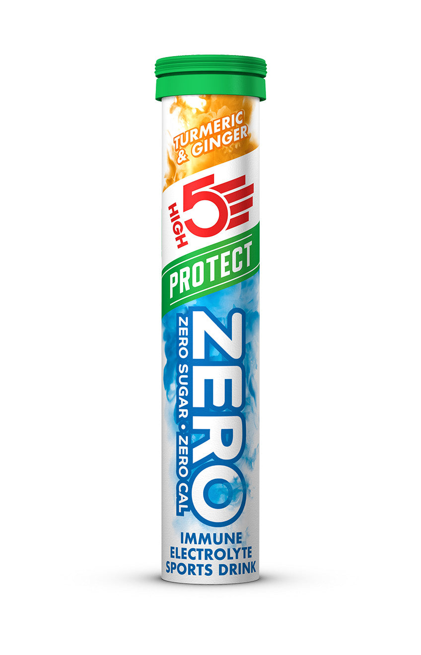 High5 ZERO Protect hydration electrolyte tablets with turmeric and ginger, sugar-free immune support, 80g package.