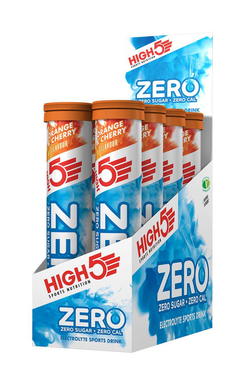 High5 ZERO Hydration electrolyte tablets in orange-cherry flavor, sugar-free vitamin C, 8 tubes with 20 tabs each.