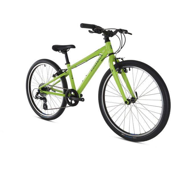 Ridgeback Dimension 24 kids bike with 7-speed Shimano gears, suitable for children 140-150cm tall, showing the bike's frame and wheels.