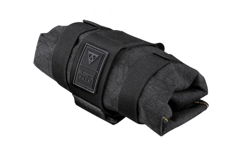 Topeak Burrito Wrap bike accessory organizer in black, compact water-repellent storage with multiple compartments for cycling gear.