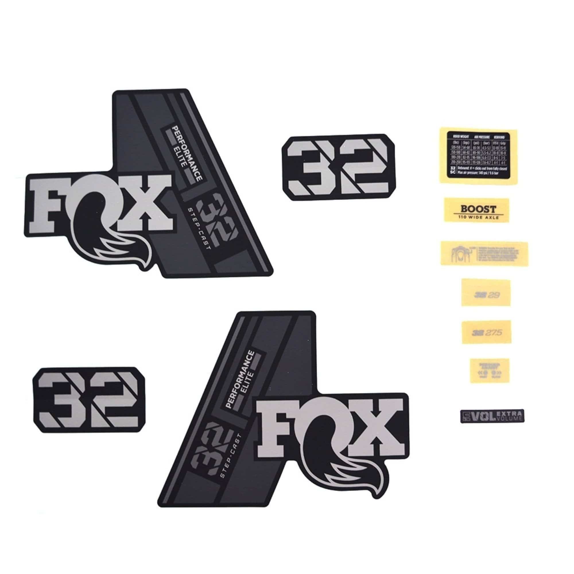 Fox Fork 32 Decal Kit: Sc P-Se Grey Logo Matte Black 2021 Spares & Accesories | Swinnerton Cycles