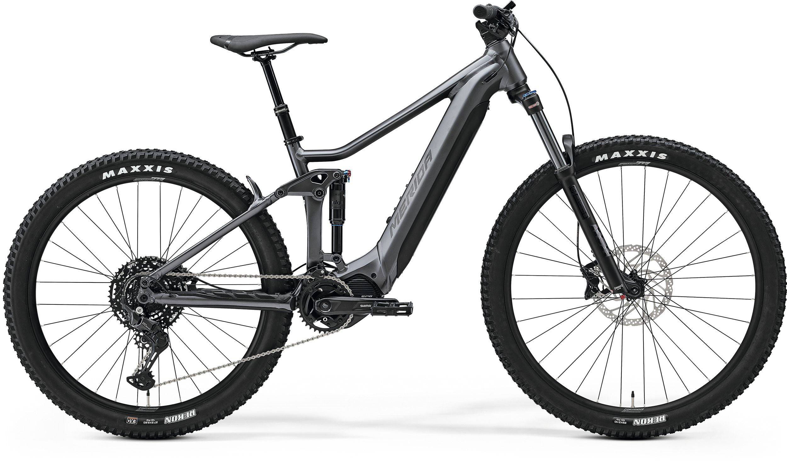 Merida eOne-Forty 400 SE MY24 e-Mountain Bike with Shimano motor in silver and black, featuring rugged mountain bike frame and tires.