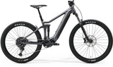 Merida eOne-Forty 400 SE MY24 e-Mountain Bike with Shimano motor in silver and black, featuring rugged mountain bike frame and tires.