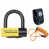 Kryptonite New York Liberty disc lock with yellow reminder cable for motorbikes, Sold Secure Gold security accessory.