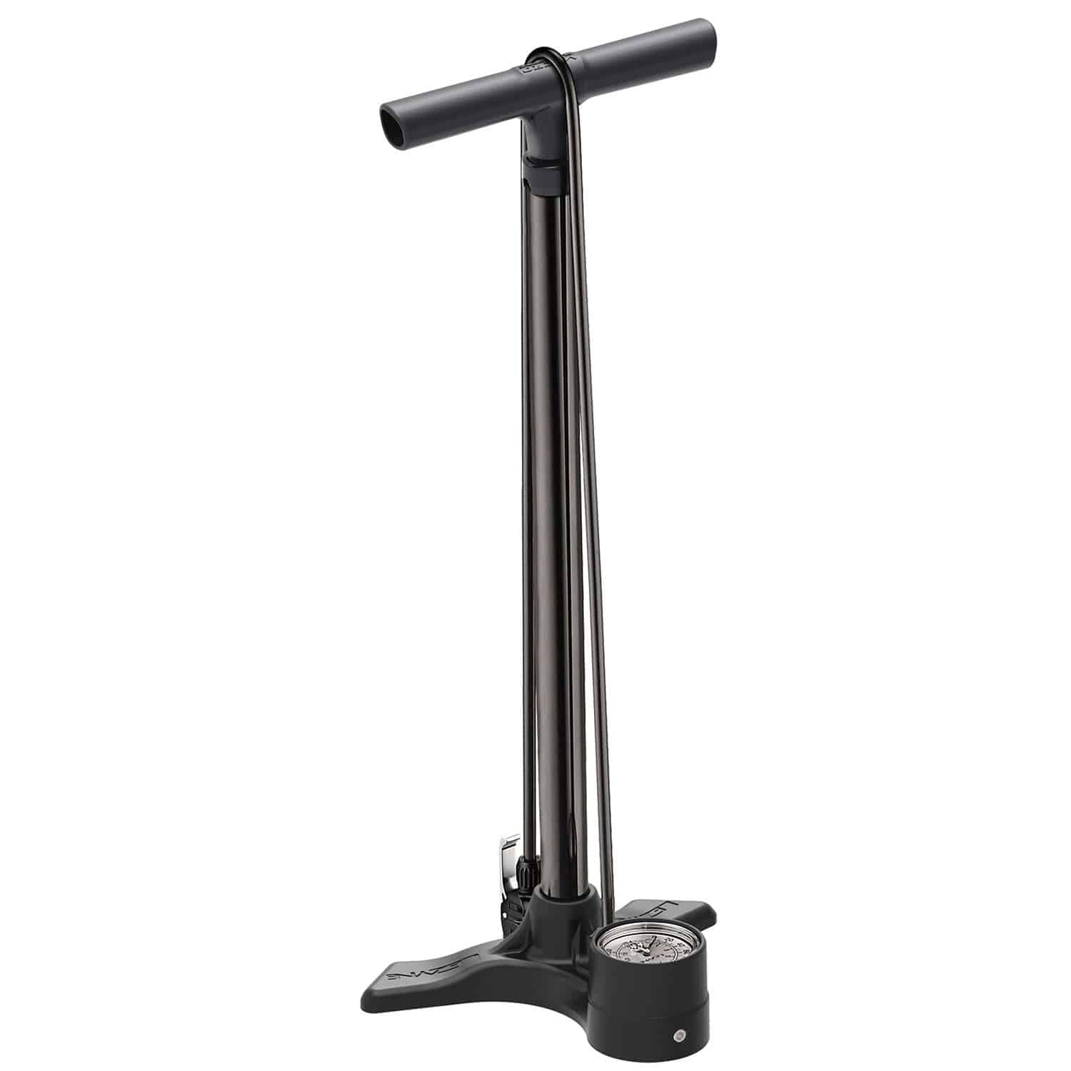 Lezyne Macro Floor Drive bike pump with dual valve and 220psi analog gauge, black and sturdy metal construction.