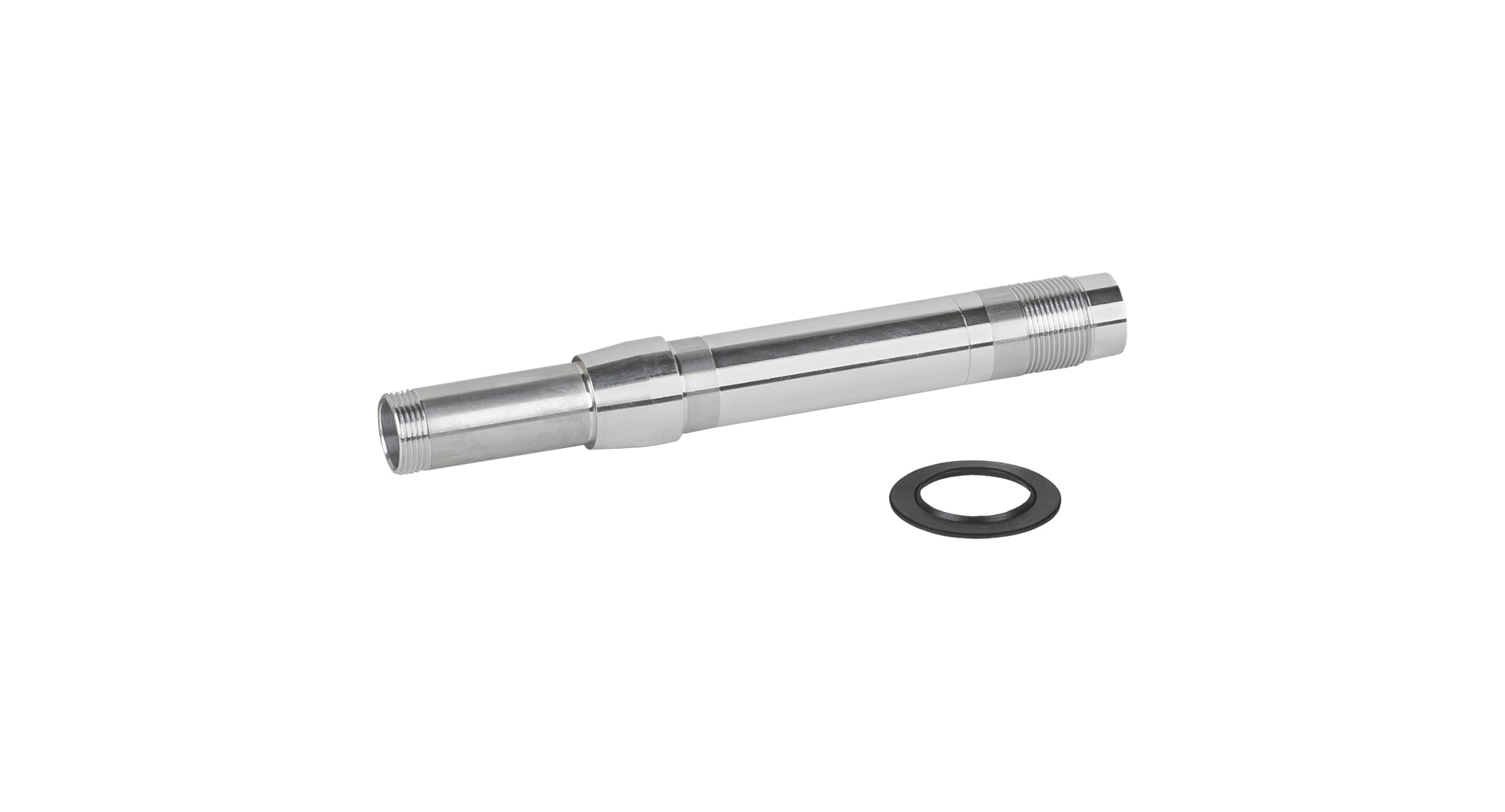Bontrager Duster Elite rear thru axle 148mm silver MTB hub axle showing the metal shaft and threading for bike wheel attachment.