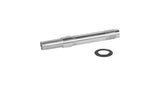 Bontrager Duster Elite rear thru axle 148mm silver MTB hub axle showing the metal shaft and threading for bike wheel attachment.