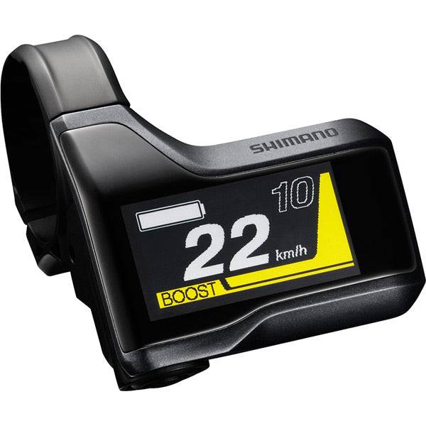 Shimano STEPS SC-E8000 cycle computer display mounted on handlebars, compatible with 31.8mm and 35mm Shimano e-bike components.