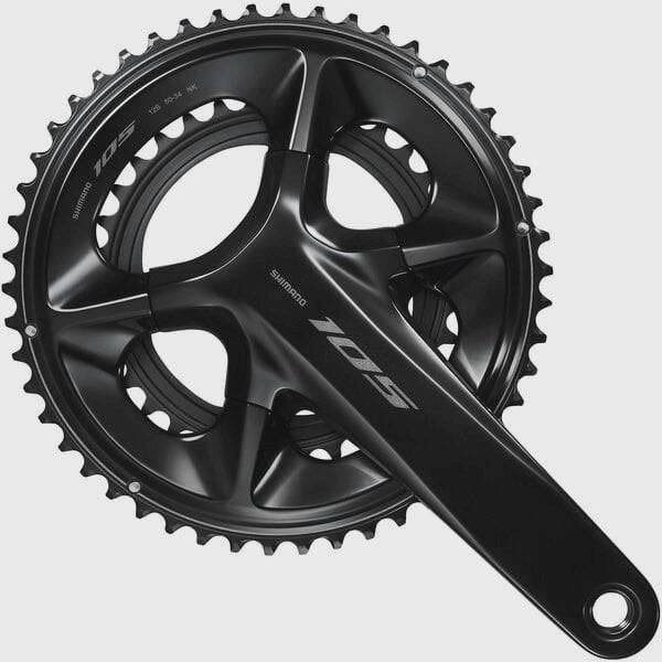 Shimano 105 FC-R7100 double 12-speed hollowTech II road bike crankset with chainrings and crank arms.