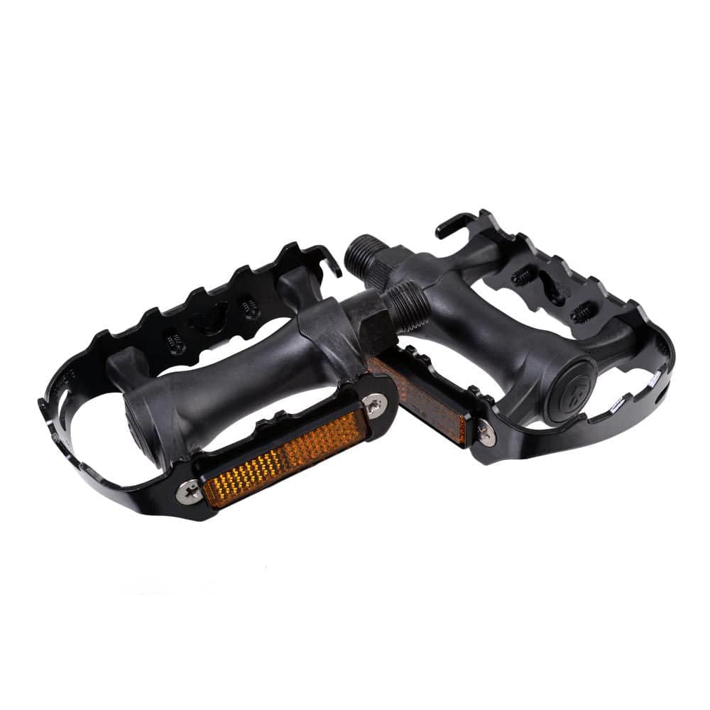 Passport Sport MTB flat pedal with Cr-Mo axle and steel cage, shown mounted on a mountain bike for durable cycling performance.