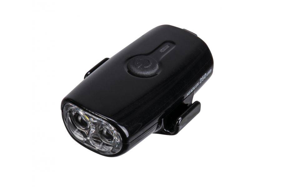 Topeak Headlux 250 USB rechargeable bike front light in black, showing 250 lumens for enhanced visibility during rides.