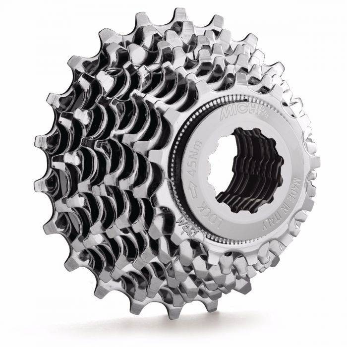 Miche Primato 8-speed Campagnolo cassette with heat-treated steel sprockets, showing close-up of the gear teeth and sprocket layers.