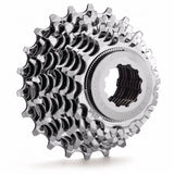 Miche Primato 8-speed Campagnolo cassette with heat-treated steel sprockets, showing close-up of the gear teeth and sprocket layers.