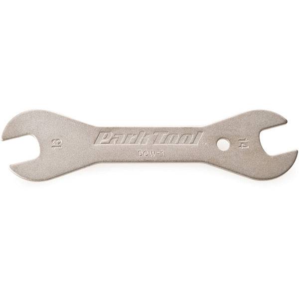 Park Tool DCW-1 double-ended cone wrench with 13mm and 14mm sizes for bike wheel maintenance, workshop tool.