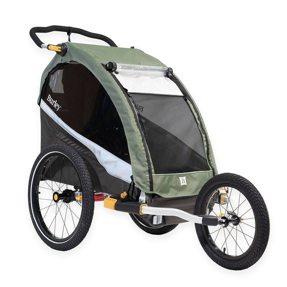 Burley D'Lite X single bike trailer and stroller with adjustable suspension, shown with its sturdy frame and safety features.