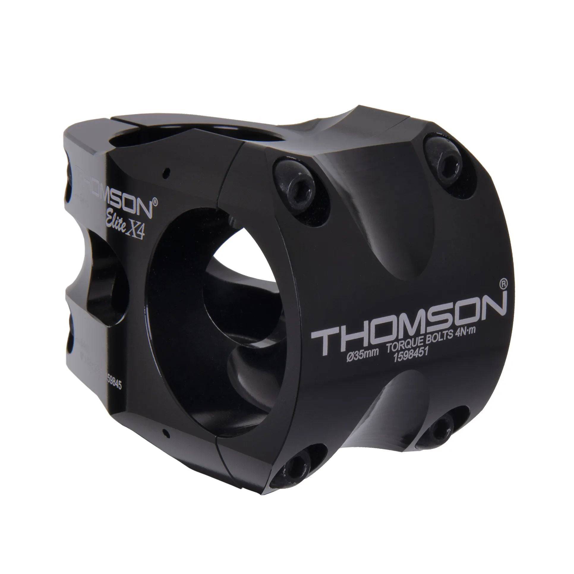 Thomson Elite X4 35mm mountain bike stem for enhanced steering control, showing the sleek metal component with bolts.